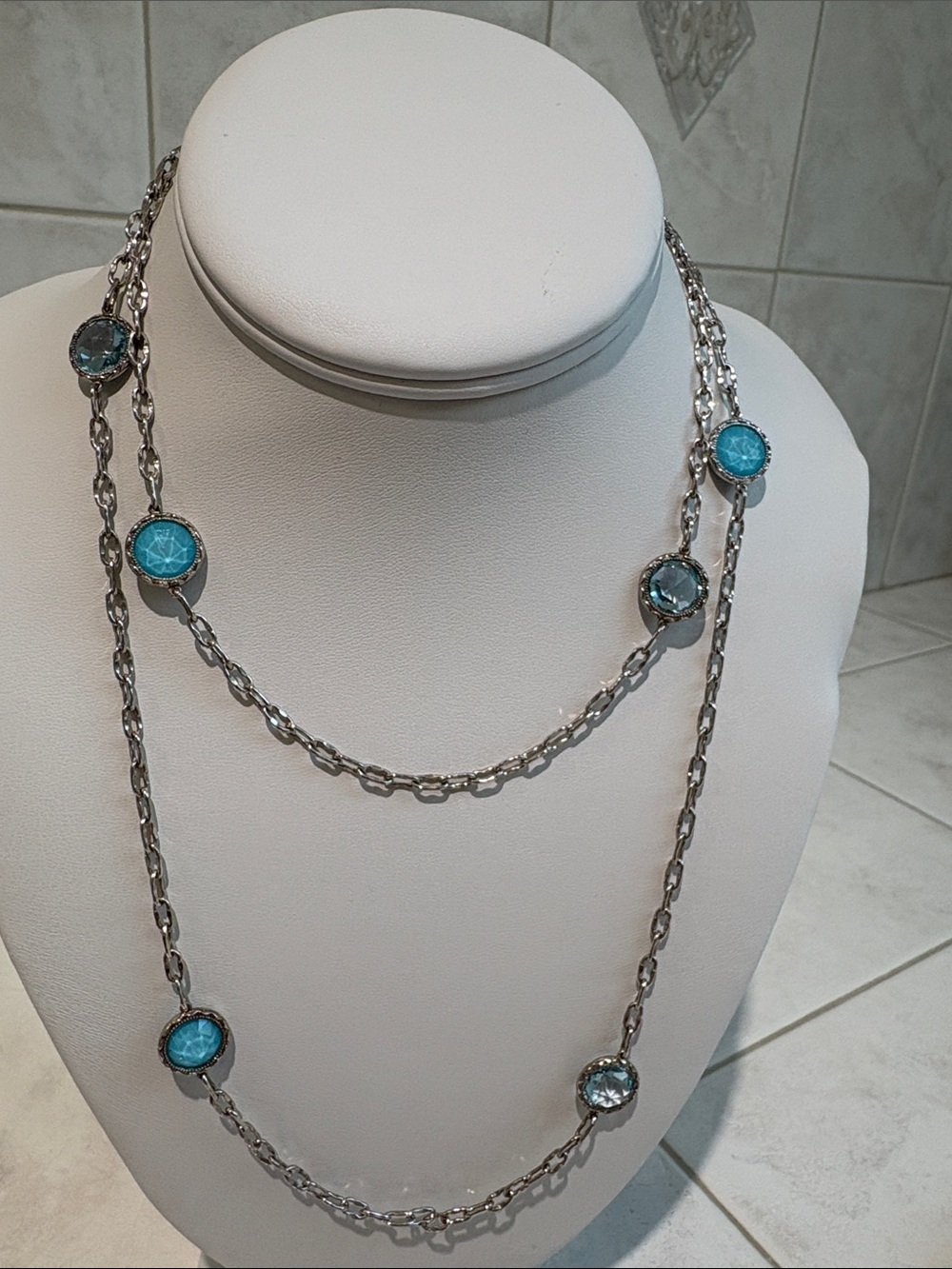 Tacori Sterling Silver 38” Long Station Necklace Turquoise & Blue Topaz Accents - Picture 3 of 10